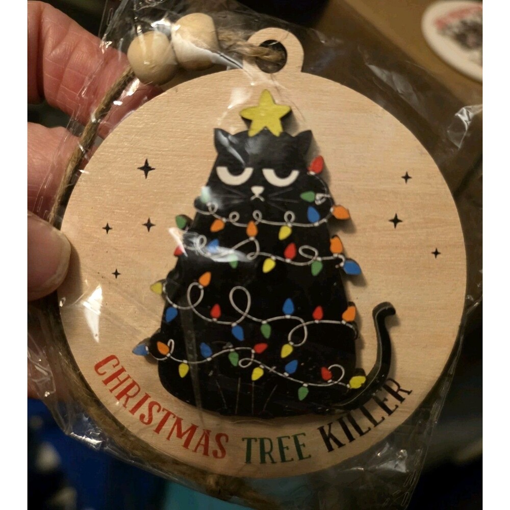 Black Cat Christmas Tree Killer Holiday Ornament Wooden Funny Novelty Decoration